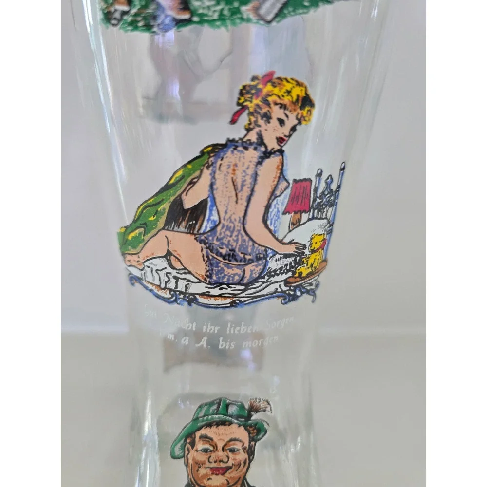 Vintage German Beer Boot Glass Gold Rim Humorous Bavarian‎ Illustrations 9 Inch